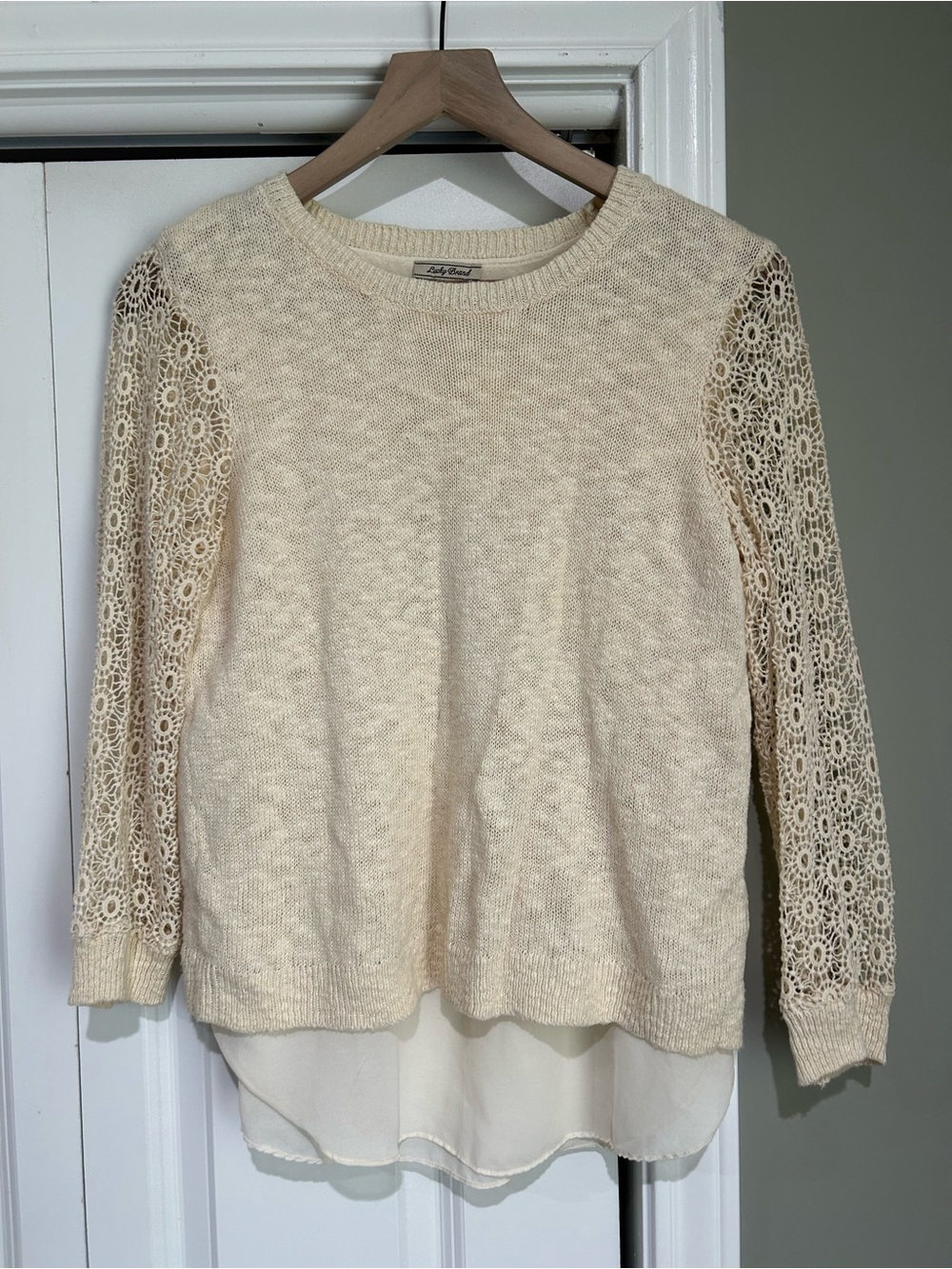 Lucky Brand Cream Crochet-Sleeve Layered Hem Sweater